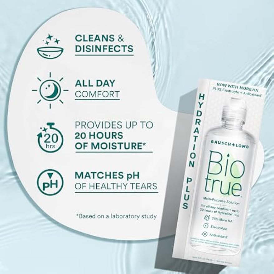 Biotrue Hydration Plus Contact Lens Solution with Lens Case, Multi-Purpose Solution for Soft Lenses, Hydrates with Hyaluronan, Cleans, Clears, and Disinfects for All-Day Comfort, 10 Fl Oz (Pack of 2)
