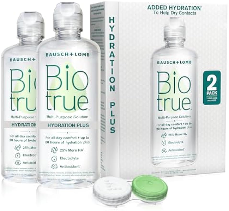 Biotrue Hydration Plus Contact Lens Solution with Lens Case, Multi-Purpose Solution for Soft Lenses, Hydrates with Hyaluronan, Cleans, Clears, and Disinfects for All-Day Comfort, 10 Fl Oz (Pack of 2)