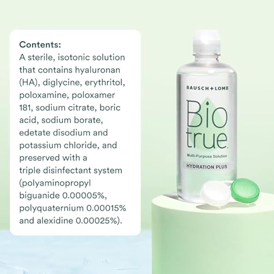 Biotrue Hydration Plus Contact Lens Solution with Lens Case, Multi-Purpose Solution for Soft Lenses, Hydrates with Hyaluronan, Cleans, Clears, and Disinfects for All-Day Comfort, 10 Fl Oz (Pack of 2)