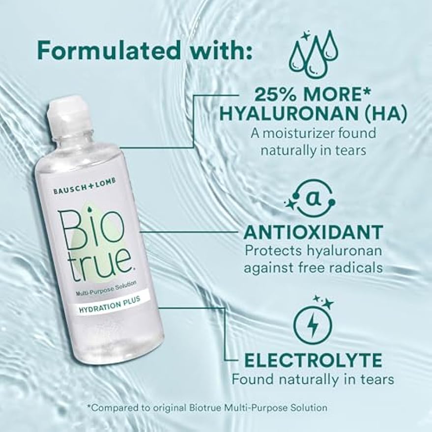 Biotrue Hydration Plus Contact Lens Solution with Lens Case, Multi-Purpose Solution for Soft Lenses, Hydrates with Hyaluronan, Cleans, Clears, and Disinfects for All-Day Comfort, 10 Fl Oz (Pack of 2)