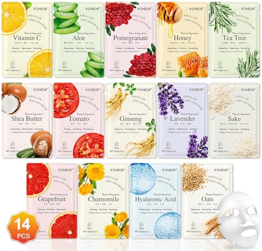 14 Pack Sheet Face Masks Skincare, Hydrating Face Masks Suitable for Dry Skin, Bulk Facial Mask Set for Women Skin Care, Face Mask Gifts Set for Face Spa