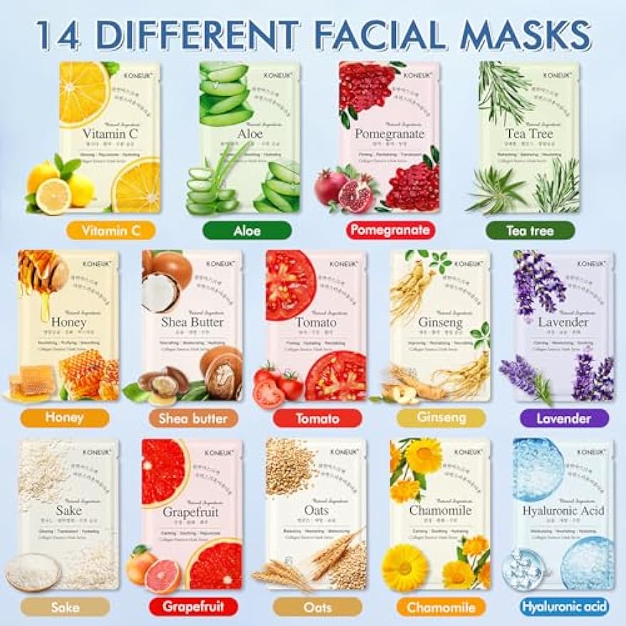 14 Pack Sheet Face Masks Skincare, Hydrating Face Masks Suitable for Dry Skin, Bulk Facial Mask Set for Women Skin Care, Face Mask Gifts Set for Face Spa