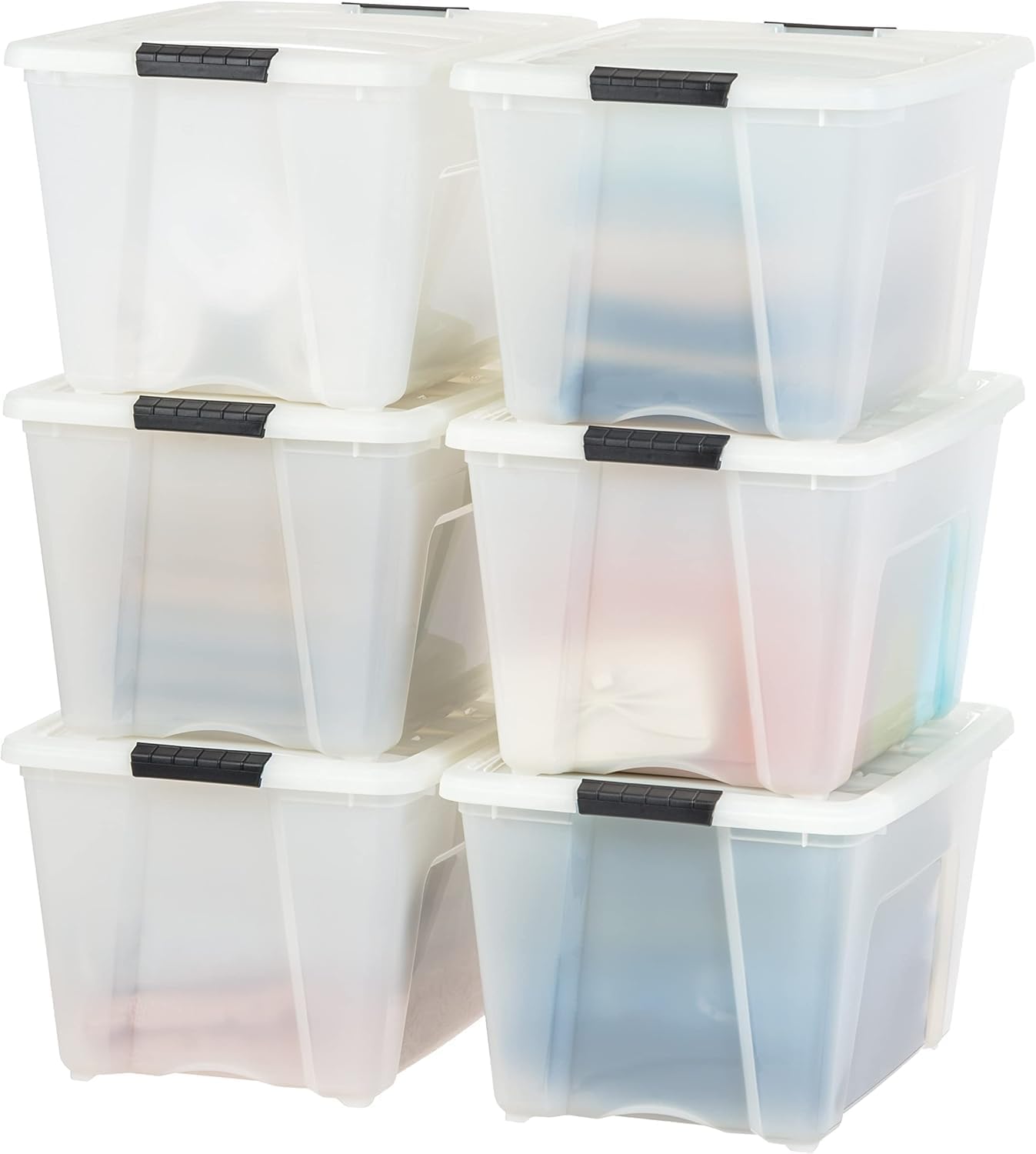 IRIS USA 54 Qt Stackable Plastic Storage Bins with Lids, 6 Pack - BPA-Free, Made in USA - See-Through Organizing Solution, Latches, Durable Nestable Containers, Secure Pull Handle - Clear