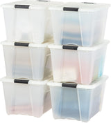 IRIS USA 54 Qt Stackable Plastic Storage Bins with Lids, 6 Pack - BPA-Free, Made in USA - See-Through Organizing Solution, Latches, Durable Nestable Containers, Secure Pull Handle - Clear