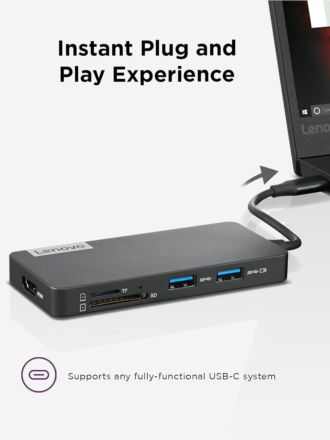 Lenovo – USB-C 7-in-1 Hub – Computer Networking Laptop Accessory – Laptop Docking Station - 4K via HDMI, 3 USB-A devices, 2 SD/TF Card Readers USB-C Power Pass Through