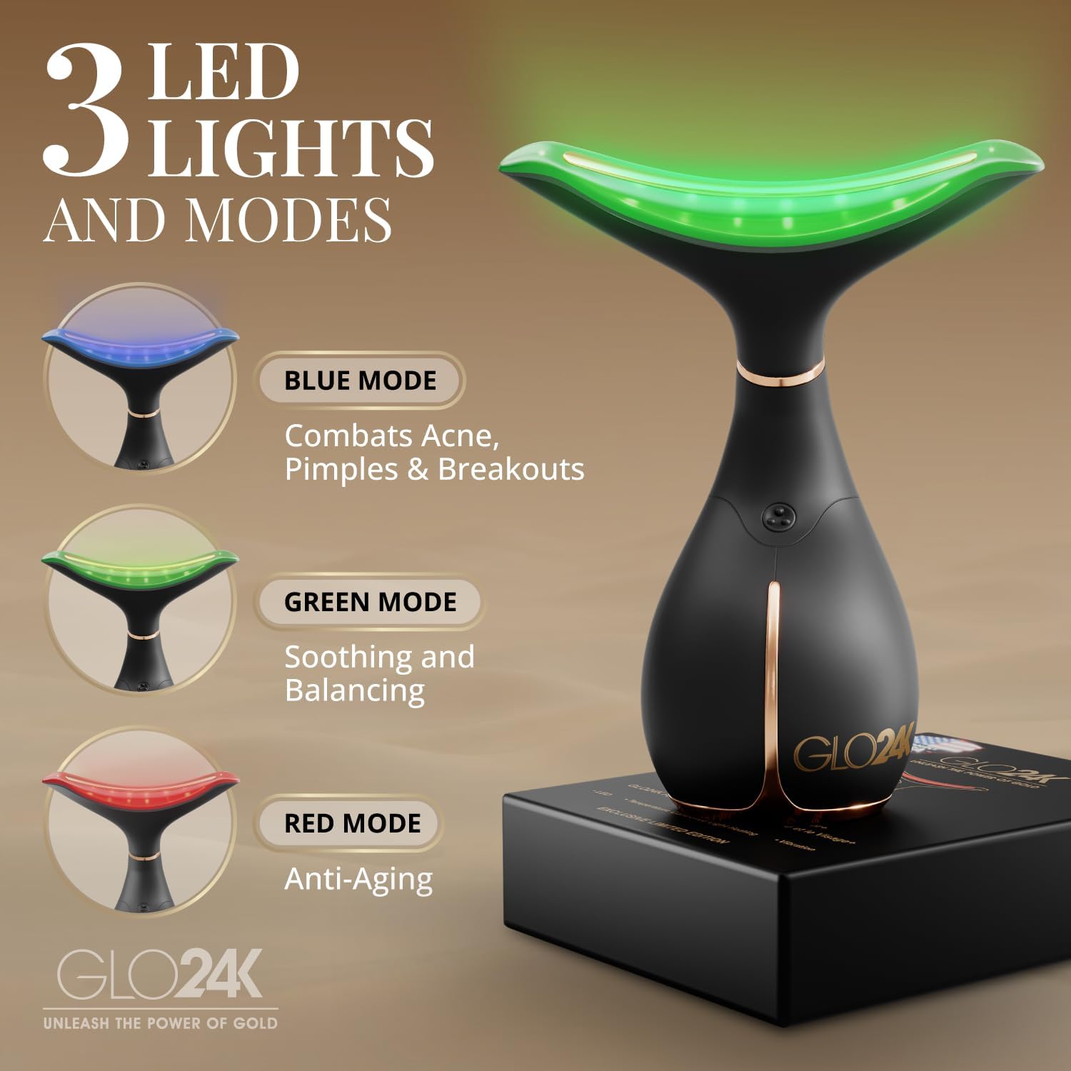 GLO24K Red Light Face & Neck Beauty Device – 3-in-1 Facial Massager Tool with LED & Vibration for Skin Revitalization and Neck Firming