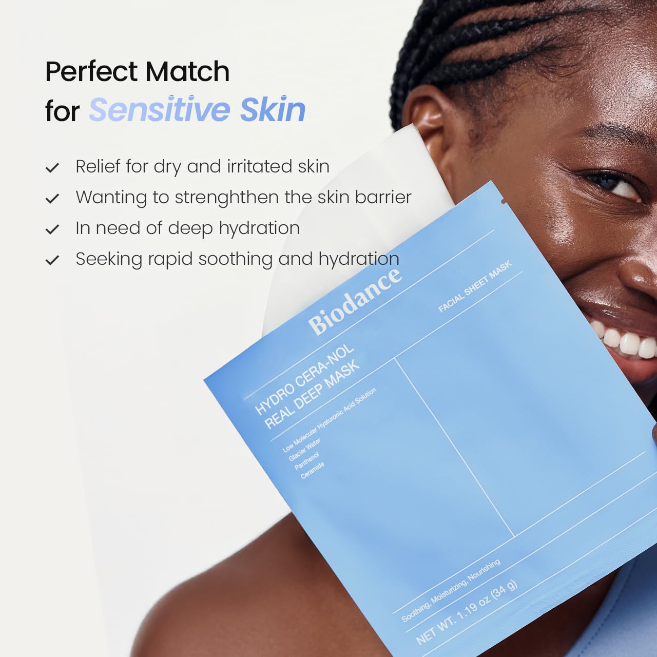 BIODANCE Hydro Cera-nol Real Deep Mask, Overnight Hydrogel Mask, Hydrating Facial Mask For Sensitive Skin, Redness Reducing & Quick Soothing Effect, Korean Skincare, Stocking Stuffers |1.19oz(34g)x4ea