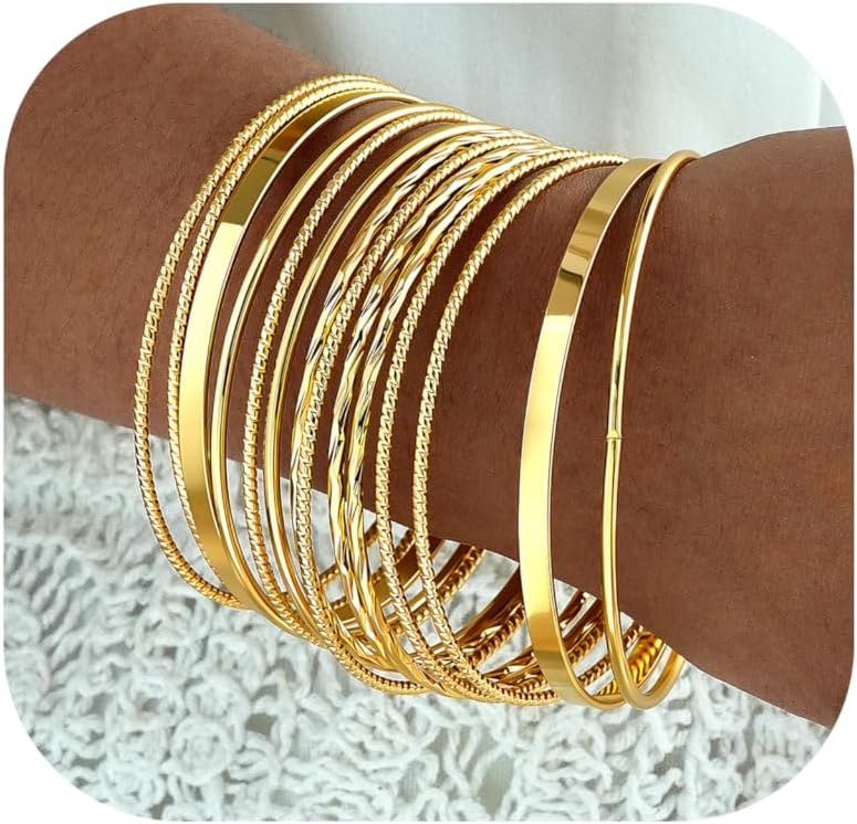 ÌF ME Gold Bangle Bracelets for Women, Indian Bangles Stackable Set, Multi Layer Textured 14K Gold Plated Chunky Bracelets Boho Jewelrys Set