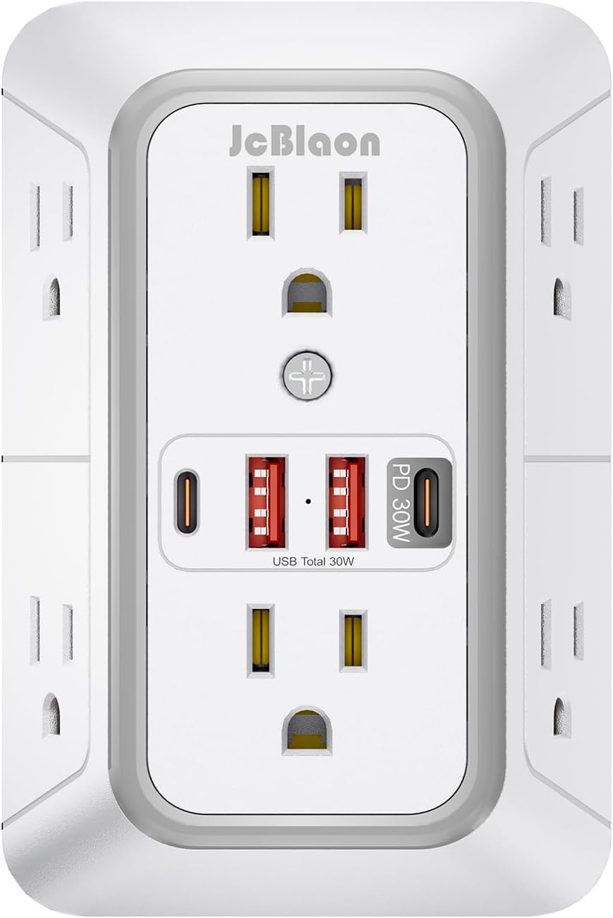 JcBlaon Outlet Extender Surge Protector - 6 Outlet Splitter with 4 USB Ports (2 USB C), Multiple Plug Expander Wall Charger, 3 Sided Multi Plug Wall Adapter Power Strip for Home Office Kitchen Travel