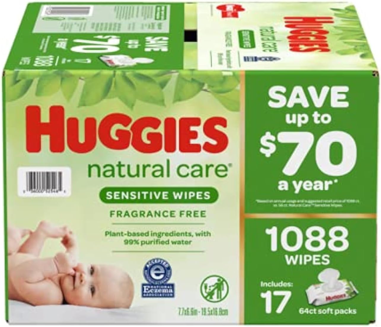 Huggies Natural Care Sensitive Baby Wipes, Unscented, Hypoallergenic, 99% Purified Water, 12 Flip-Top Packs (768 Wipes Total), Packaging May Vary