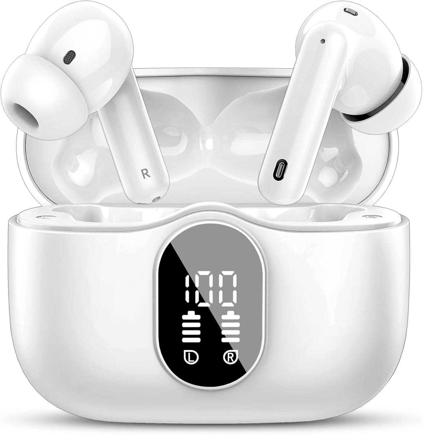 Wireless Earbuds, Bluetooth 5.4 Headphones Bass Stereo, Ear Buds with Noise Cancelling Mic, LED Display in Ear Earphones Clear Calls, IP7 Waterproof Bluetooth Earbuds for Laptop/Phones/Sports, Black