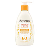 Aveeno Protect + Hydrate Sunscreen Moisturizing Lotion with Prebiotic Oat, Broad SPF60, Paraben, & Oil Free, Weightless, Water & Sweat Resistant (80-min) for Sensitive Skin, 12 Fl Oz