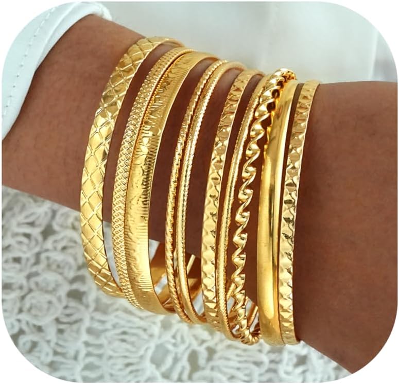 ÌF ME Gold Bangle Bracelets for Women, Indian Bangles Stackable Set, Multi Layer Textured 14K Gold Plated Chunky Bracelets Boho Jewelrys Set
