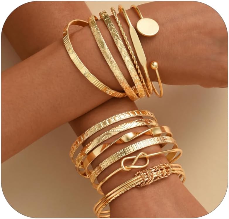 ÌF ME Gold Bangle Bracelets for Women, Indian Bangles Stackable Set, Multi Layer Textured 14K Gold Plated Chunky Bracelets Boho Jewelrys Set