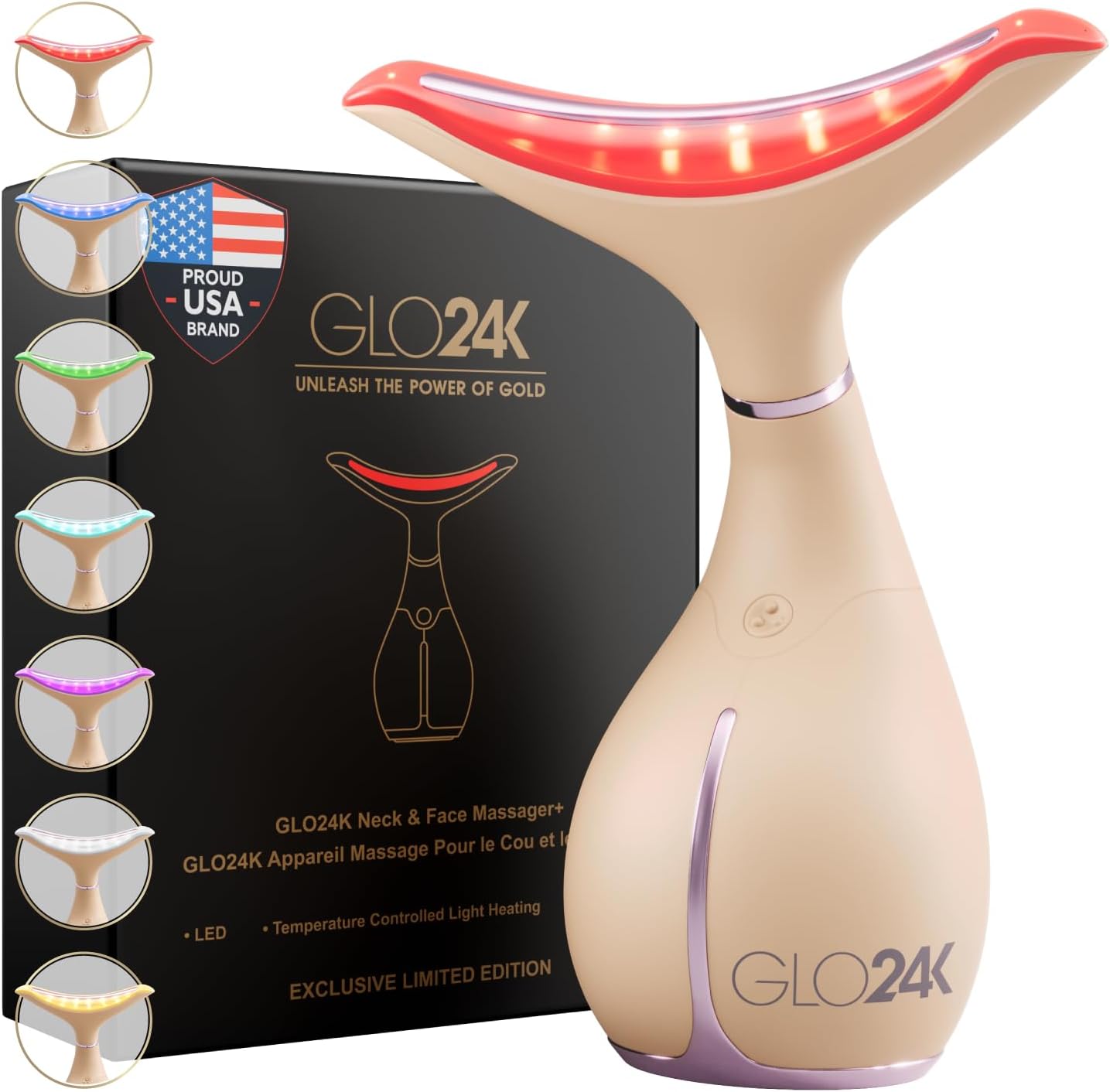 GLO24K Red Light Face & Neck Beauty Device – 3-in-1 Facial Massager Tool with LED & Vibration for Skin Revitalization and Neck Firming