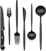 EWFEN 24-Piece Silverware Set with Steak Knives, Food-Grade Stainless Steel Tableware Cutlery Set for 4, Mirror Finished Flatware Utensil for Home Restaurant Black