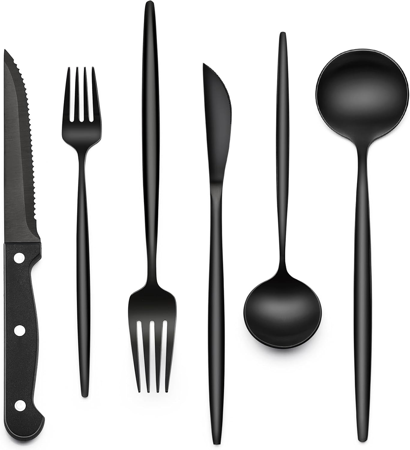 EWFEN 24-Piece Silverware Set with Steak Knives, Food-Grade Stainless Steel Tableware Cutlery Set for 4, Mirror Finished Flatware Utensil for Home Restaurant Black
