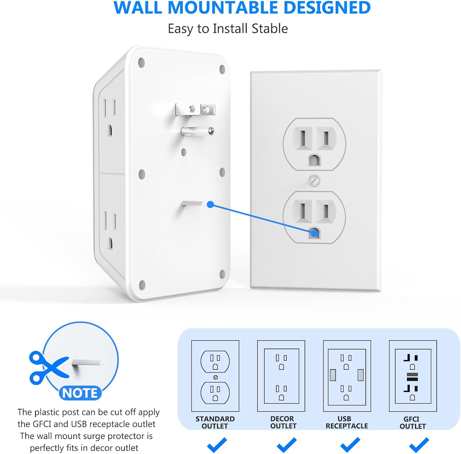 JcBlaon Outlet Extender Surge Protector - 6 Outlet Splitter with 4 USB Ports (2 USB C), Multiple Plug Expander Wall Charger, 3 Sided Multi Plug Wall Adapter Power Strip for Home Office Kitchen Travel