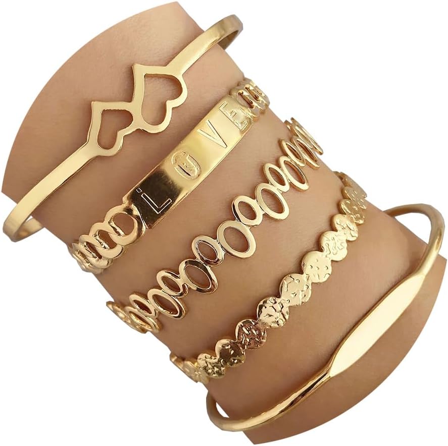 IFKM Gold Bangle Bracelets For Women, 14k Gold Plated Multi Layer Stackable Cuff Bracelet Set, Trendy Elegance Charms Non Tarnish Minimalist Textured Boho Jewelry Gift for Women