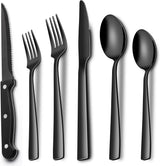 EWFEN 24-Piece Silverware Set with Steak Knives, Food-Grade Stainless Steel Tableware Cutlery Set for 4, Mirror Finished Flatware Utensil for Home Restaurant Black