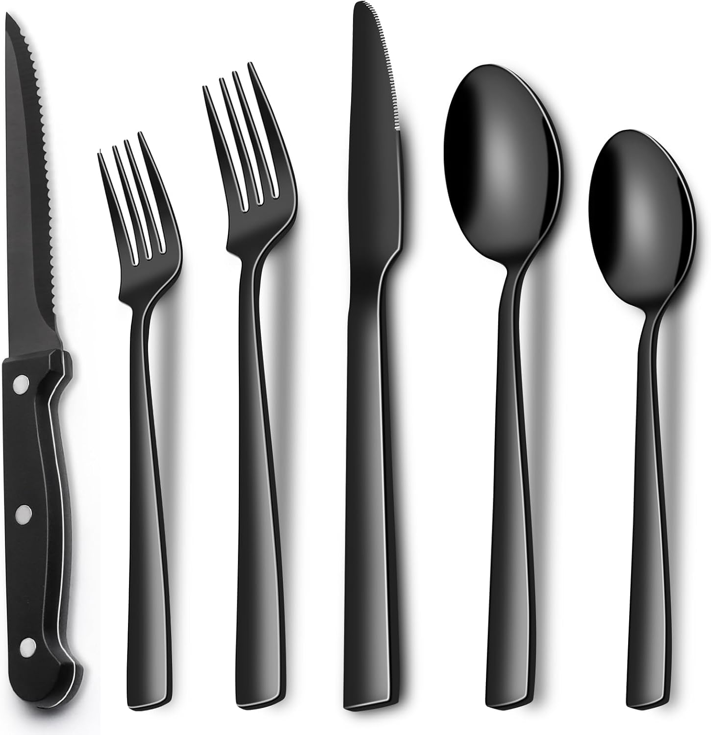 EWFEN 24-Piece Silverware Set with Steak Knives, Food-Grade Stainless Steel Tableware Cutlery Set for 4, Mirror Finished Flatware Utensil for Home Restaurant Black