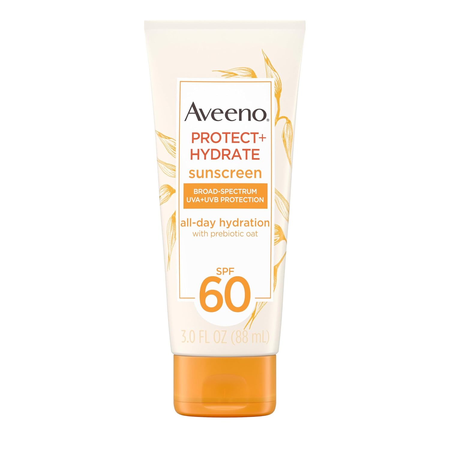 Aveeno Protect + Hydrate Sunscreen Moisturizing Lotion with Prebiotic Oat, Broad SPF60, Paraben, & Oil Free, Weightless, Water & Sweat Resistant (80-min) for Sensitive Skin, 12 Fl Oz