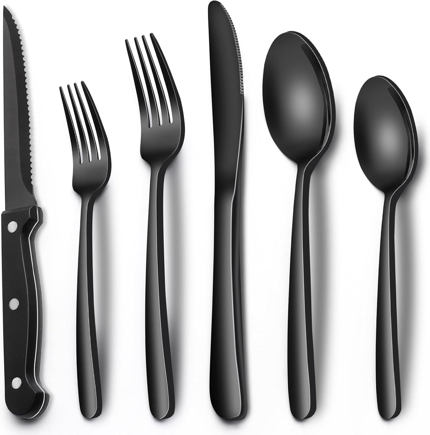 EWFEN 24-Piece Silverware Set with Steak Knives, Food-Grade Stainless Steel Tableware Cutlery Set for 4, Mirror Finished Flatware Utensil for Home Restaurant Black