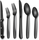 EWFEN 24-Piece Silverware Set with Steak Knives, Food-Grade Stainless Steel Tableware Cutlery Set for 4, Mirror Finished Flatware Utensil for Home Restaurant Black
