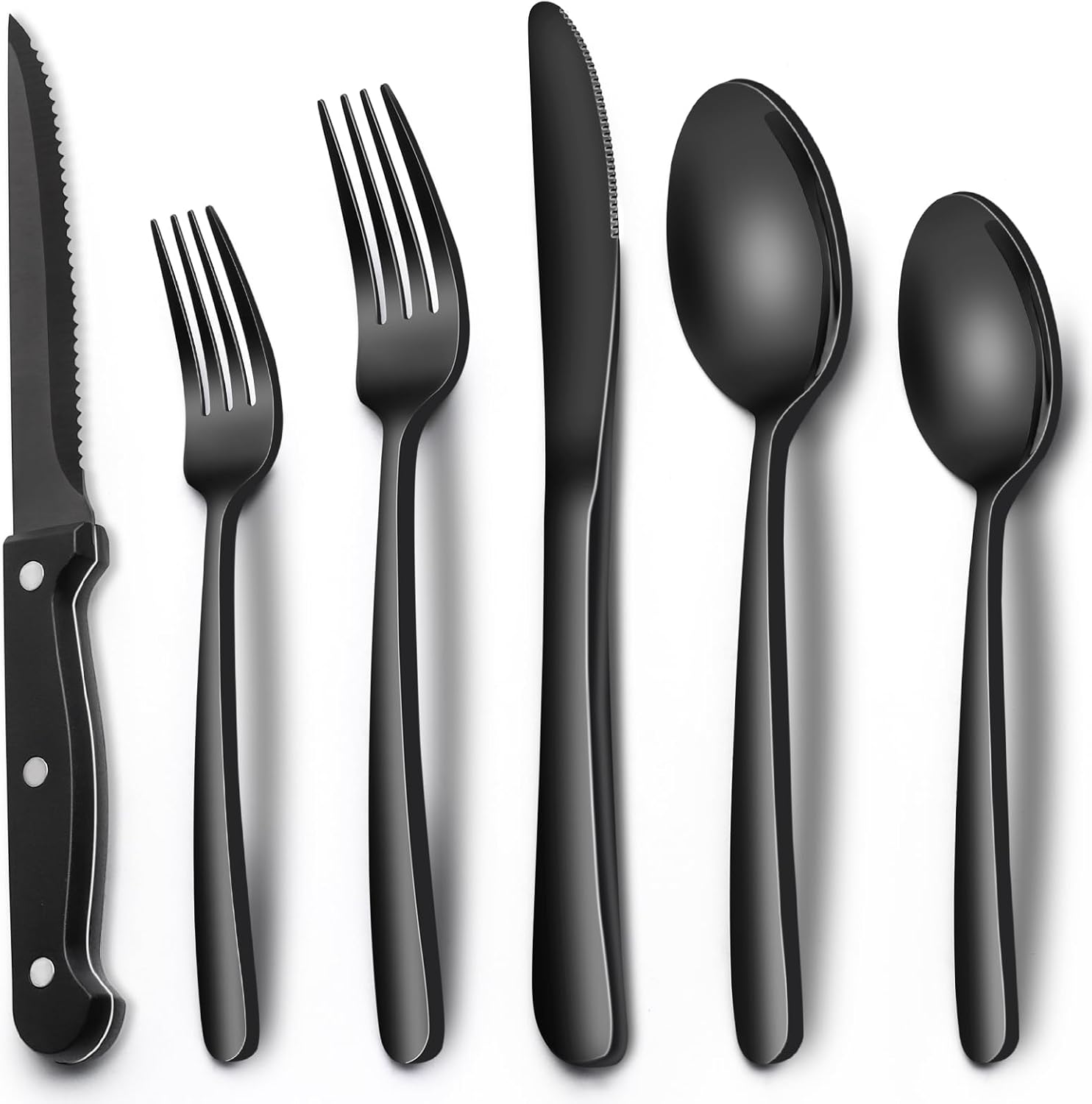 EWFEN 24-Piece Silverware Set with Steak Knives, Food-Grade Stainless Steel Tableware Cutlery Set for 4, Mirror Finished Flatware Utensil for Home Restaurant Black