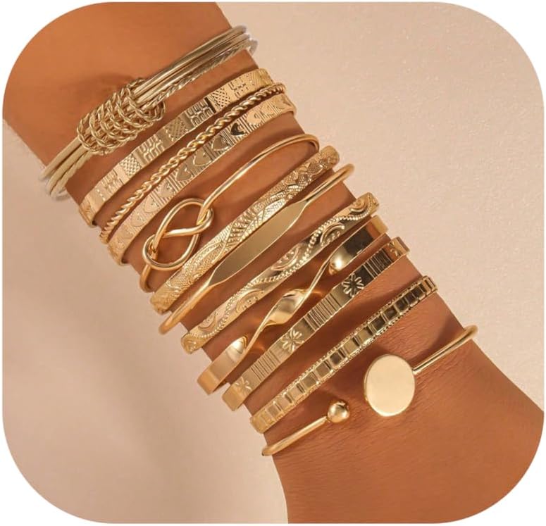 ÌF ME Gold Bangle Bracelets for Women, Indian Bangles Stackable Set, Multi Layer Textured 14K Gold Plated Chunky Bracelets Boho Jewelrys Set