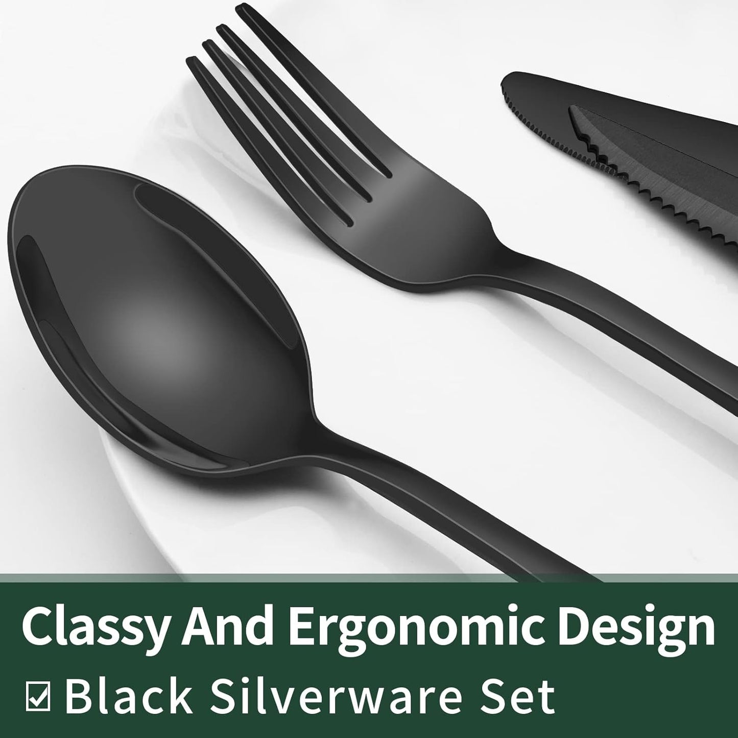 EWFEN 24-Piece Silverware Set with Steak Knives, Food-Grade Stainless Steel Tableware Cutlery Set for 4, Mirror Finished Flatware Utensil for Home Restaurant Black