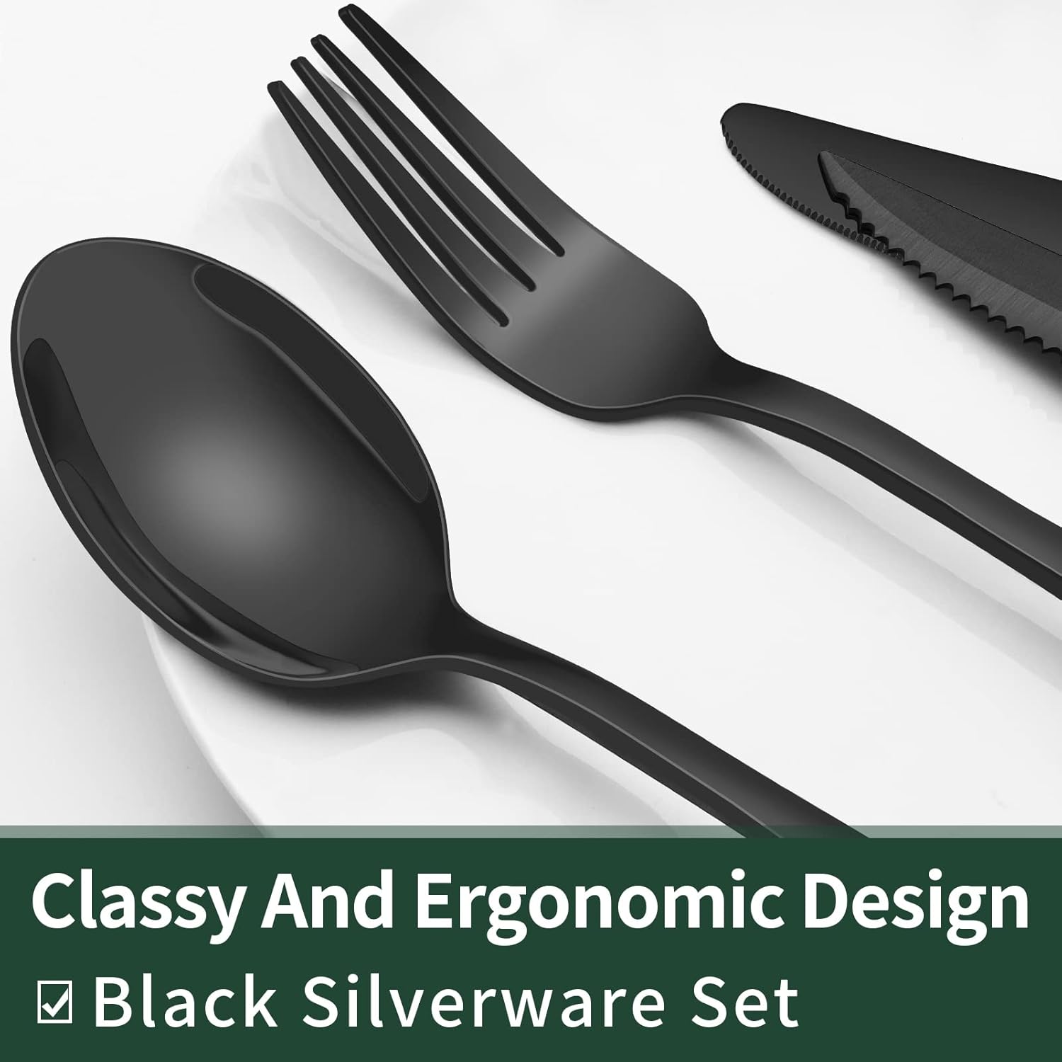 EWFEN 24-Piece Silverware Set with Steak Knives, Food-Grade Stainless Steel Tableware Cutlery Set for 4, Mirror Finished Flatware Utensil for Home Restaurant Black