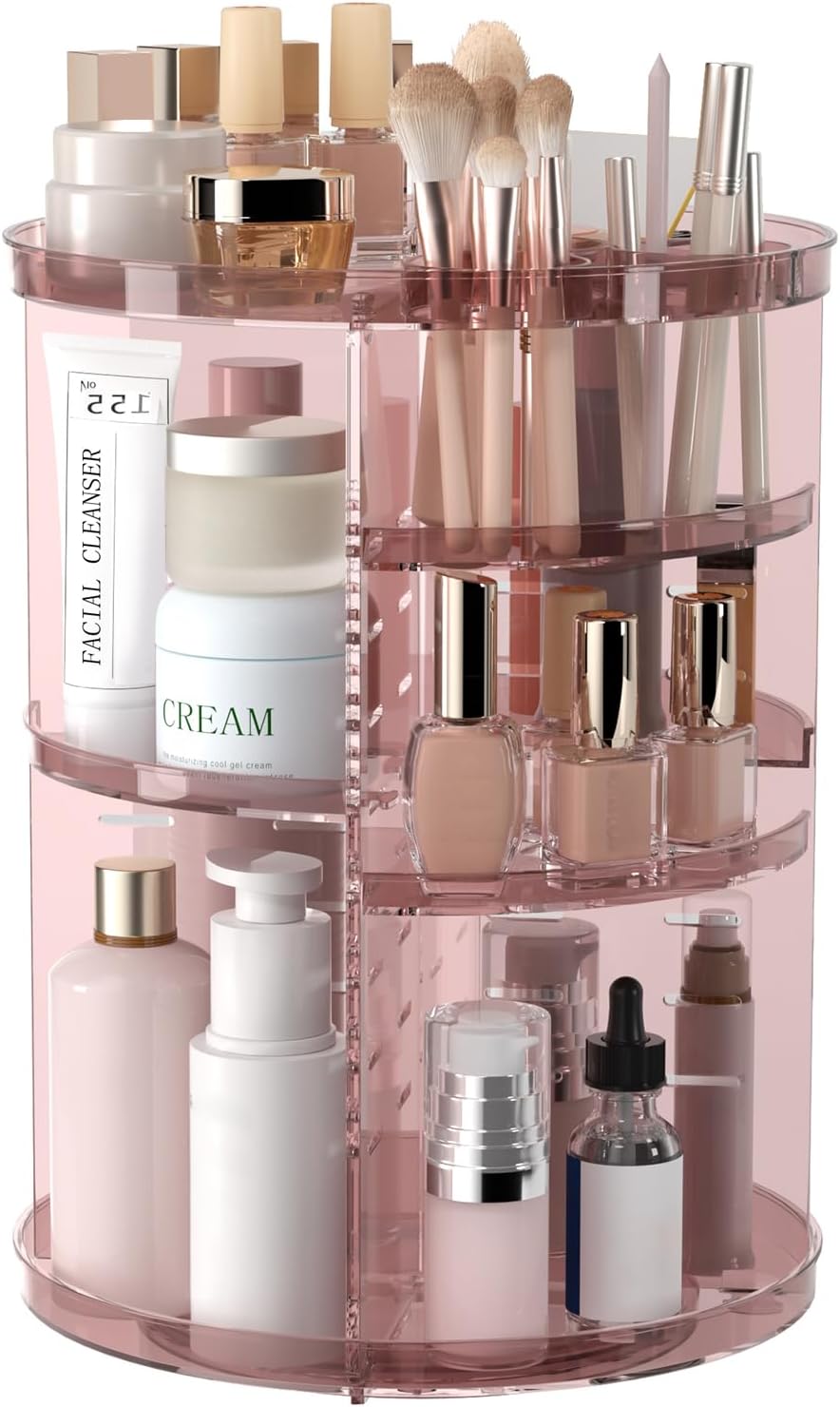 Rotating Makeup Organizer, DIY 8 Adjustable Layers Spinning Skincare Organizer, Cosmetic Display Case with Brush Holder Perfume Tray, Multi-Function Storage Carousel for Vanity Bathroom Countertop