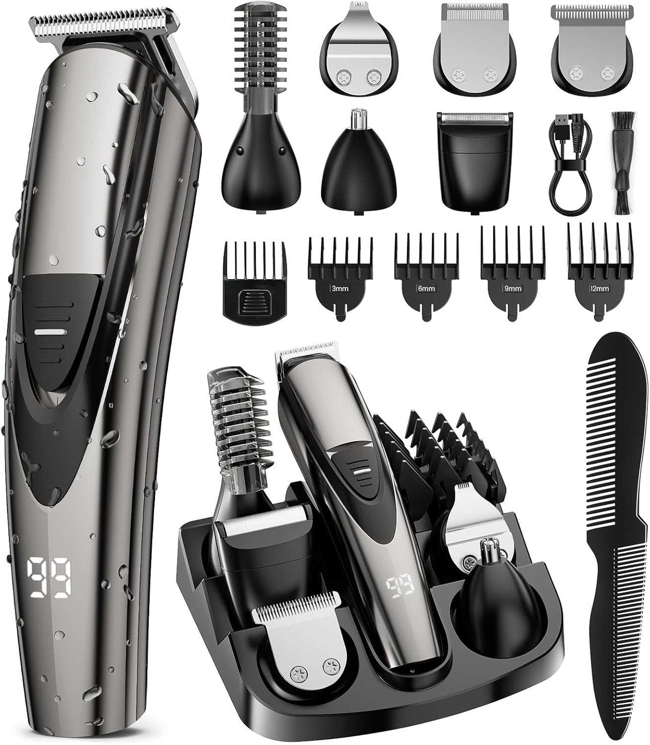 SHPAVVER Beard Trimmer for Men: Professional Barber Hair Clip - 12-in-1 Cordless Grooming Kit - Waterproof Electric with Turbo Speed & Precision Blades