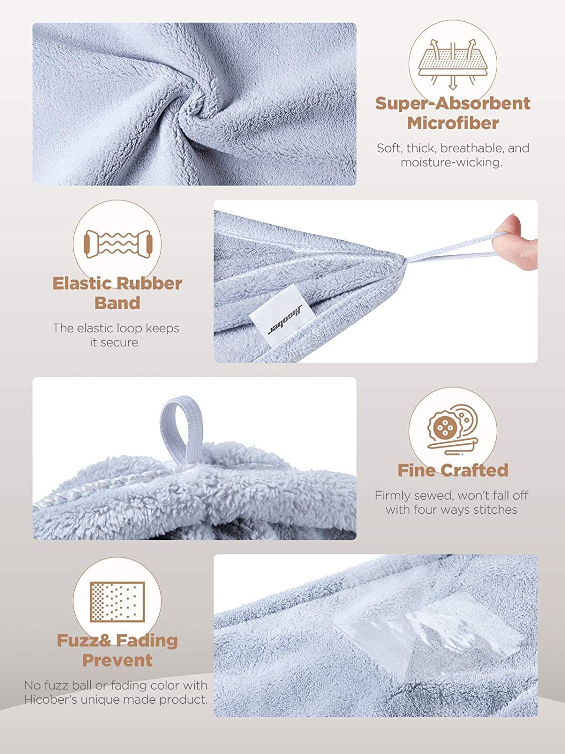 Hicober Microfiber Hair Towel Wrap, Fast Drying Hair Towels for Women, Soft Lightweight Quick Dry Turban for Curly & Long Hair–3 Pack(Blue/Grey/Pink)