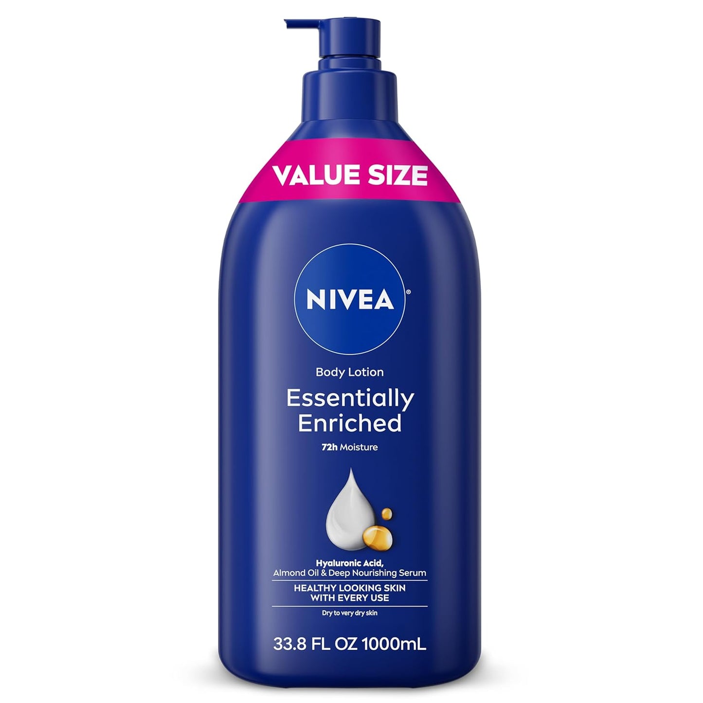 NIVEA Essentially Enriched Body Lotion for Very Dry Skin with Hyaluronic Acid, Almond Oil and Deep Nourishing Serum, 72-Hour Body Moisturizer, 16.9 Fl Oz Pump Bottle, Pack of 2