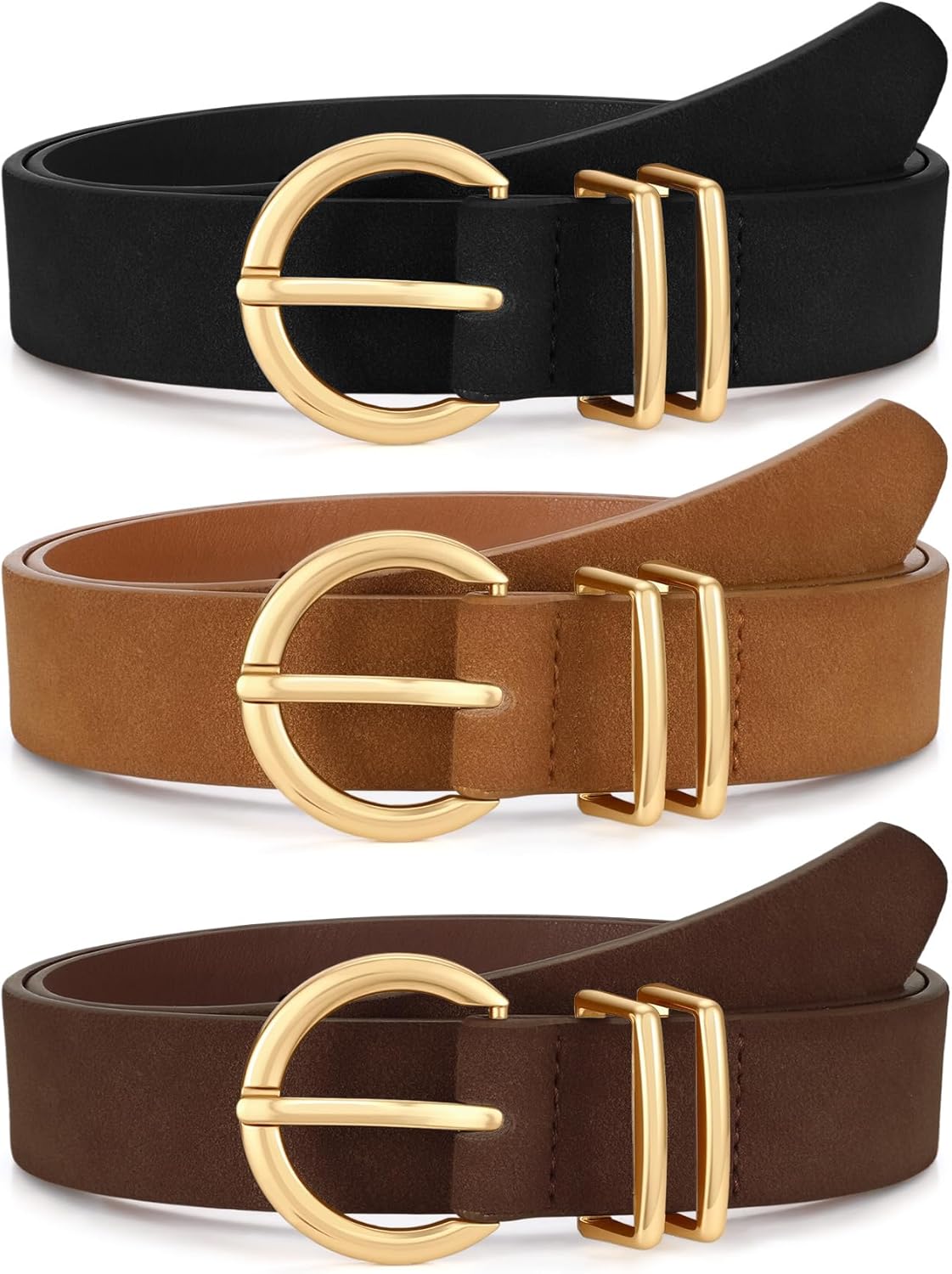 VONMELLI 3 Pack Women's Leather Belts for Jeans Dresses Ladies Waist Belt with Fashion Gold Buckle