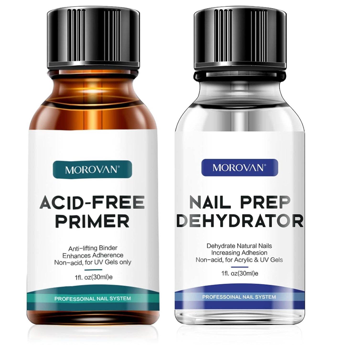 Morovan Professional Natural Nail Prep Dehydrate and Acid-Free Primer, Dehydrator for Acrylic and Gel Nail Polish, Non Acid Primer for UV Gels Fast Dry Superior Bonding Agent Gift Box Set
