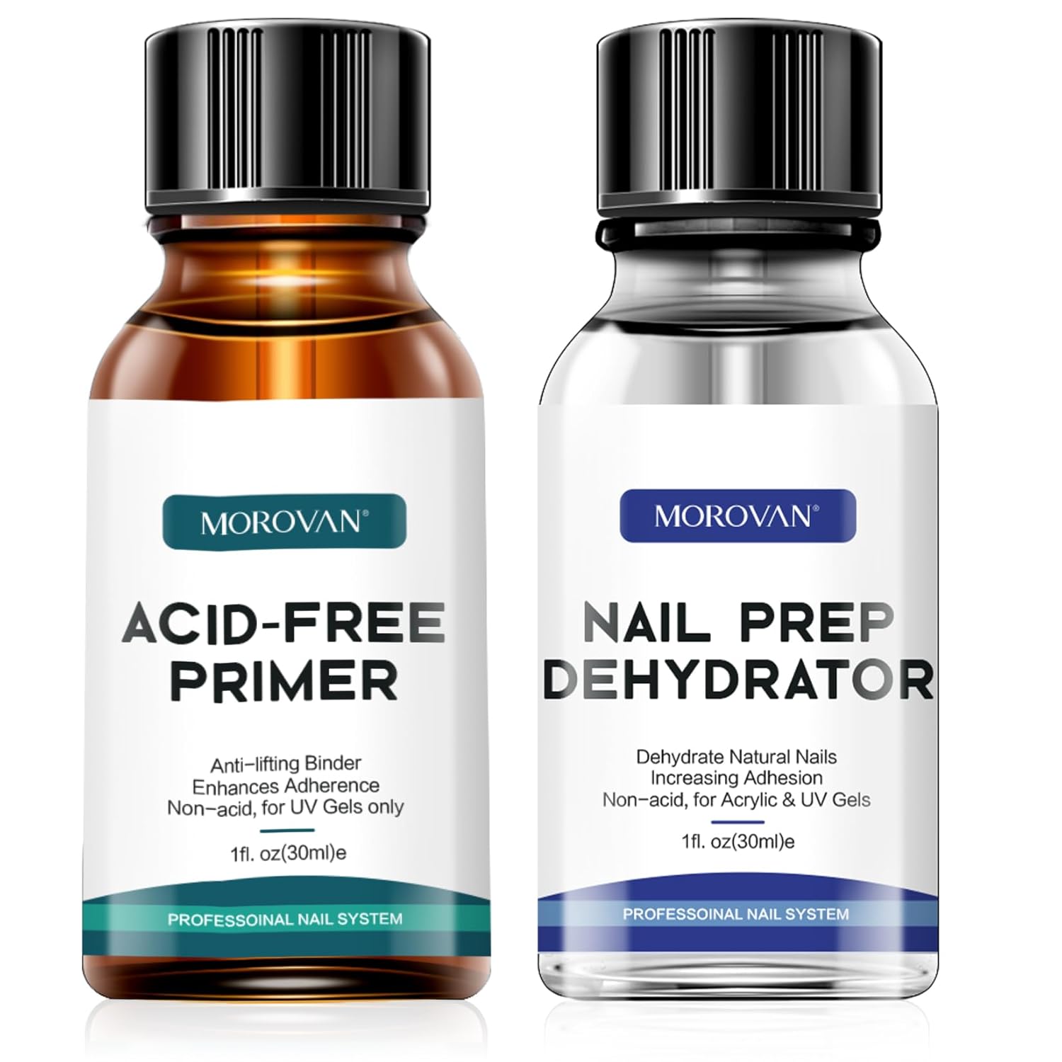 Morovan Professional Natural Nail Prep Dehydrate and Acid-Free Primer, Dehydrator for Acrylic and Gel Nail Polish, Non Acid Primer for UV Gels Fast Dry Superior Bonding Agent Gift Box Set