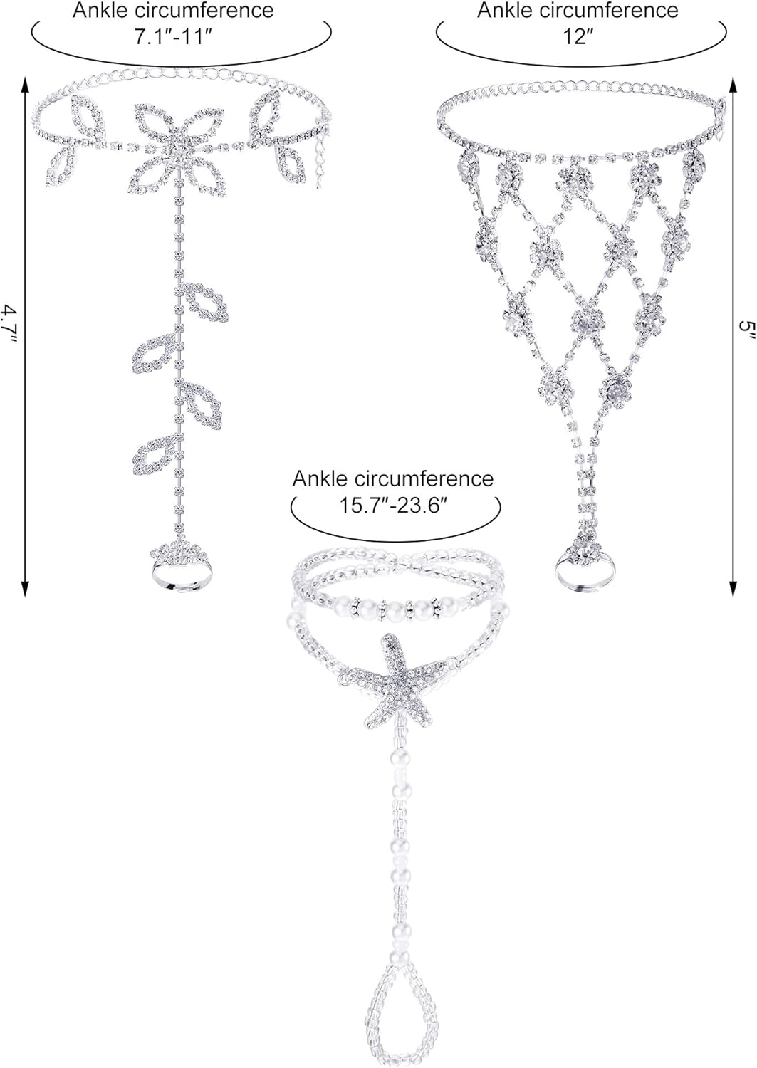 Hicarer 6 Pcs Foot Jewelry Barefoot Sandals for Women Rhinestone Anklets Bohemian Foot Chain for Beach Wedding Valentine