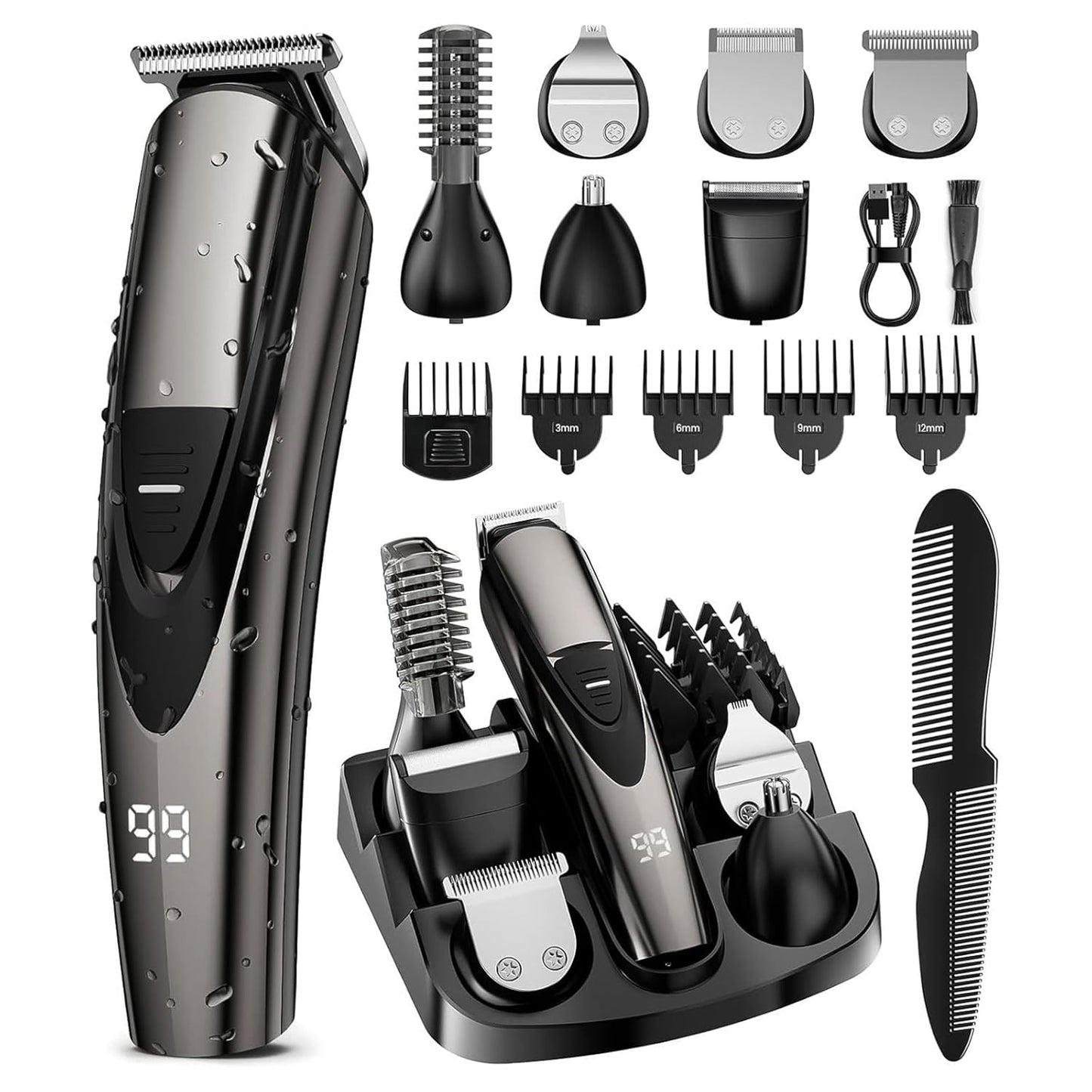 SHPAVVER Beard Trimmer for Men: Professional Barber Hair Clip - 12-in-1 Cordless Grooming Kit - Waterproof Electric with Turbo Speed & Precision Blades