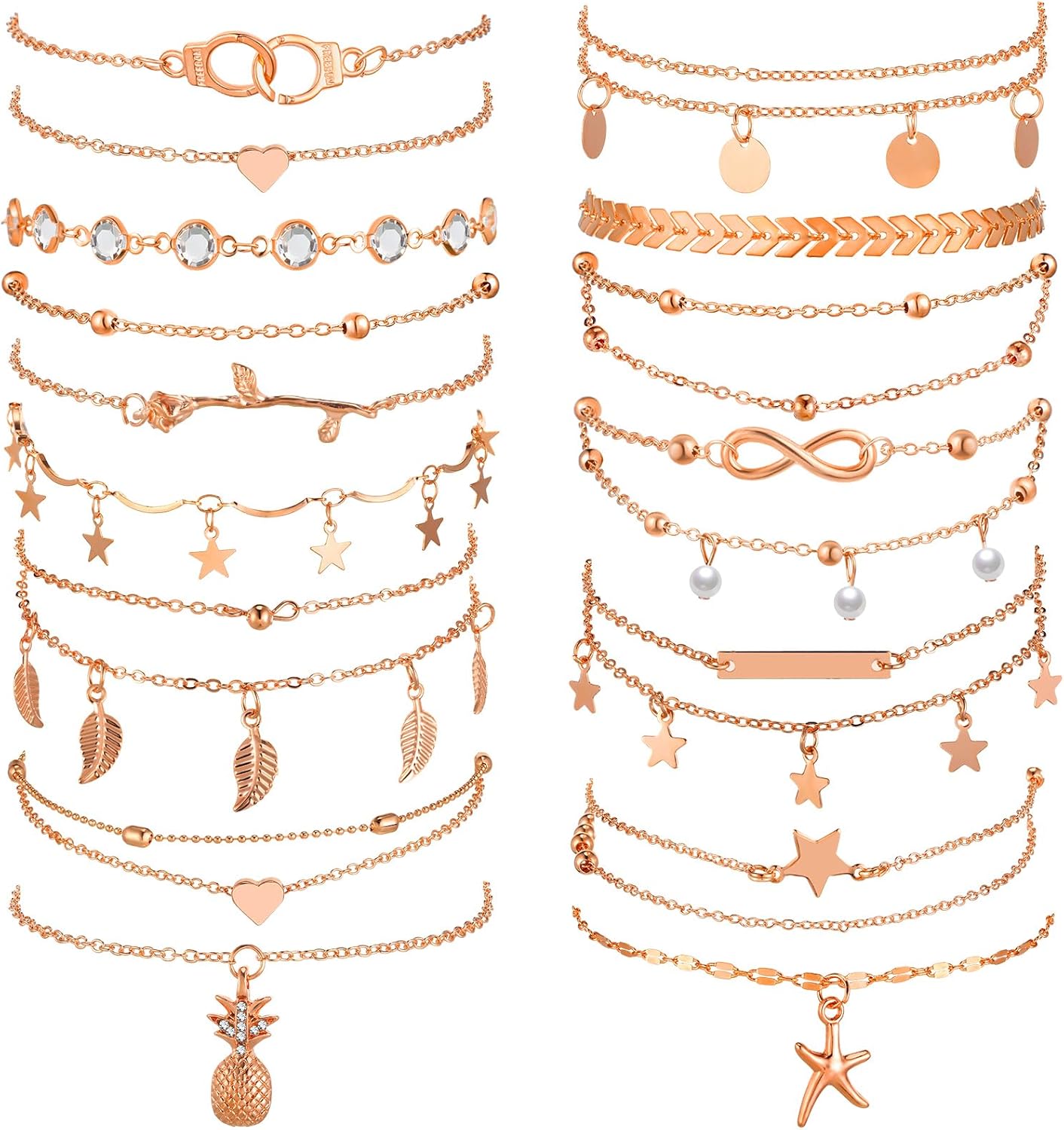 Hicarer 16 Pieces Ankle Bracelets 14K for Women Anklets Set Boho Beach Anklets Foot Chains Adjustable Foot Hand Jewelry Romantic Gift
