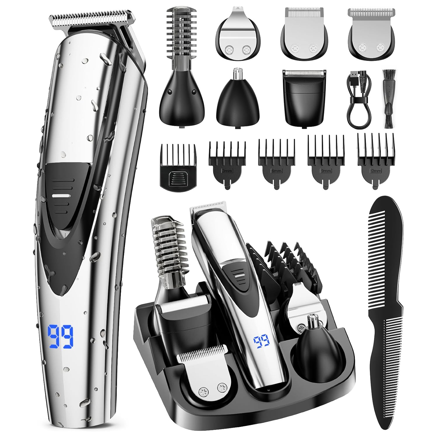 SHPAVVER Beard Trimmer for Men: Professional Barber Hair Clip - 12-in-1 Cordless Grooming Kit - Waterproof Electric with Turbo Speed & Precision Blades