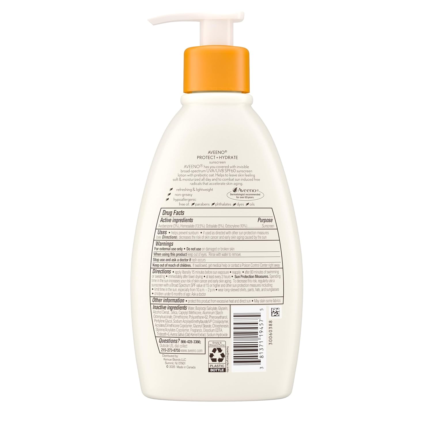 Aveeno Protect + Hydrate Sunscreen Moisturizing Lotion with Prebiotic Oat, Broad SPF60, Paraben, & Oil Free, Weightless, Water & Sweat Resistant (80-min) for Sensitive Skin, 12 Fl Oz
