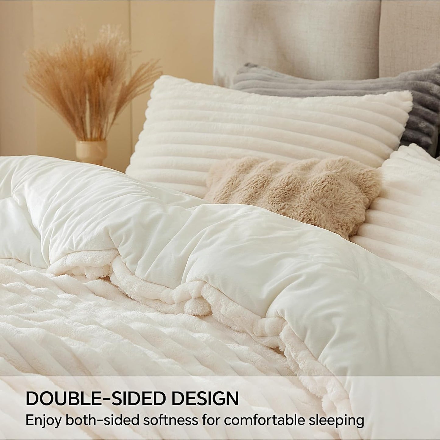 BEDELITE Fleece Comforter Set -Super Soft & Warm Fluffy Cream White Bedding, Luxury Fuzzy Heavy Bed Set for Winter with 2 Pillow Cases