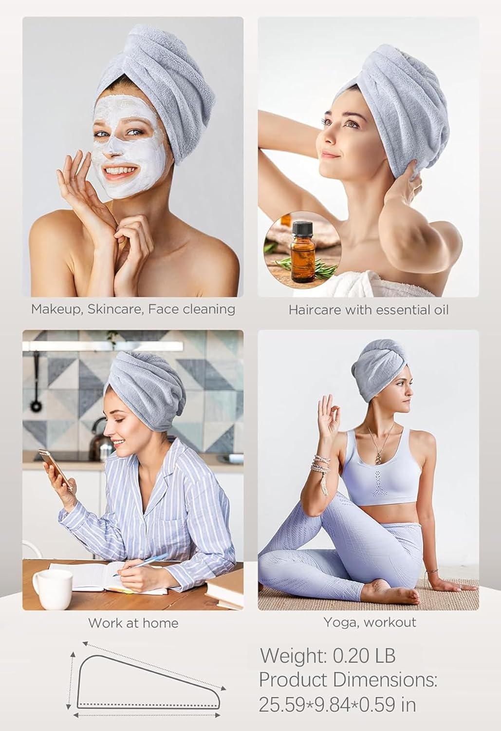 Hicober Microfiber Hair Towel Wrap, Fast Drying Hair Towels for Women, Soft Lightweight Quick Dry Turban for Curly & Long Hair–3 Pack(Blue/Grey/Pink)