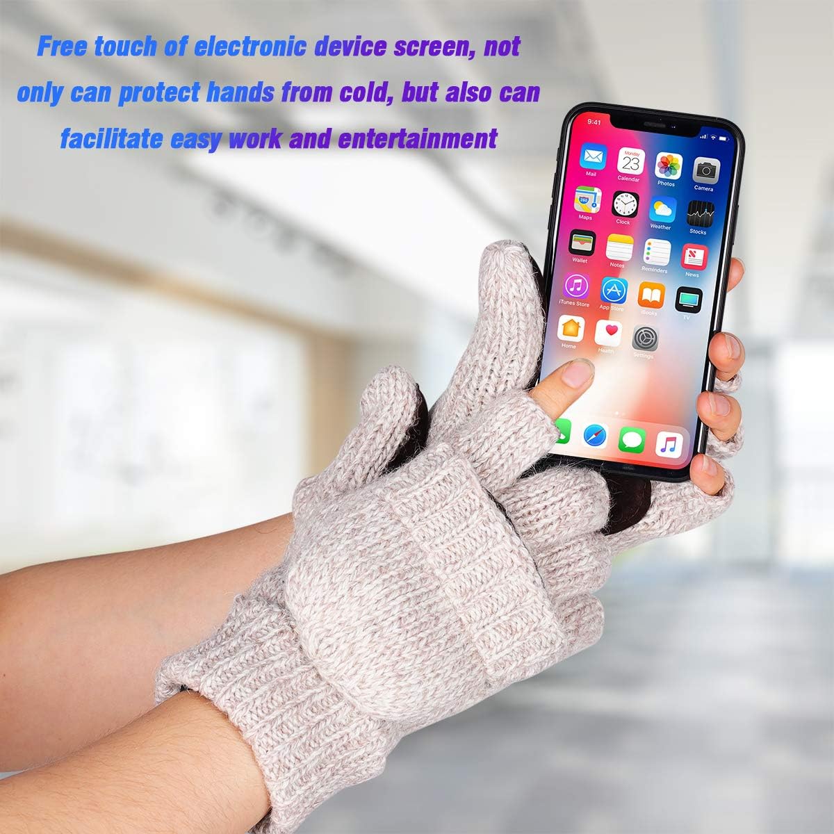 Thermal Insulation Fingerless Texting Wool Gloves for Women and Men Winter Warm Knitted Convertible Mittens Flap