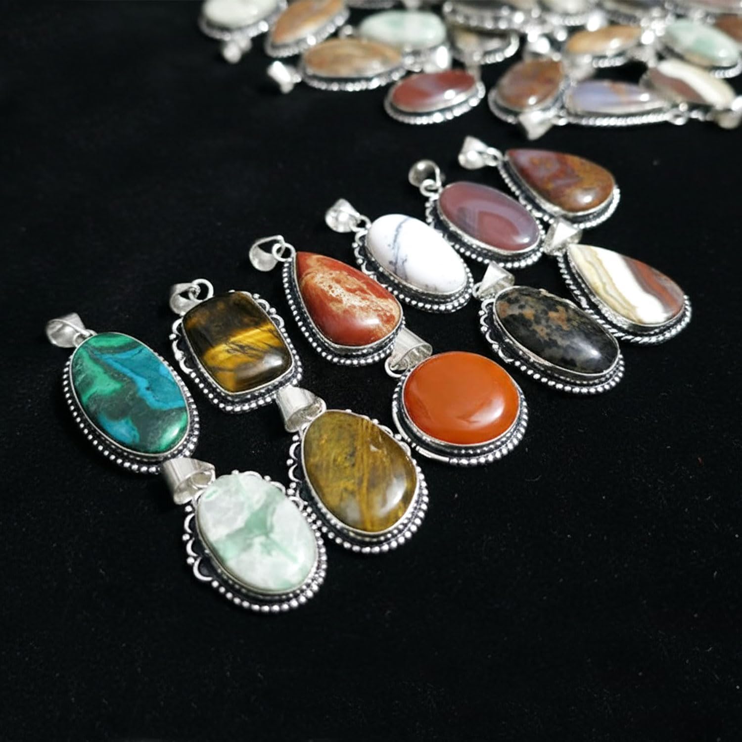 Handmade 10 Pcs Gemstone Pendant Necklace Set for Women, Silver Pendants for Women