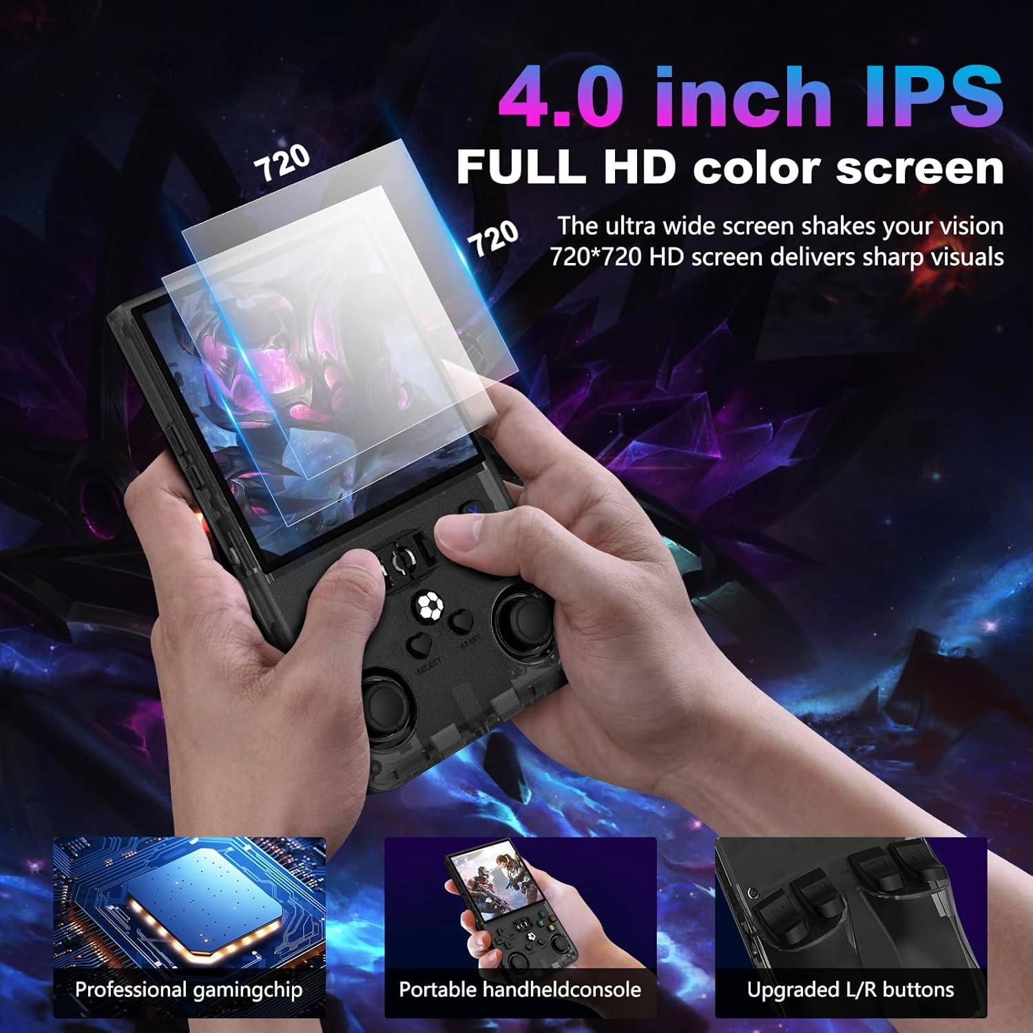 R36MAX Retro Handheld Game Console, 4.0 Inch 720x720 IPS Screen, Built-in 18,000+ Classic Game, Portable Hand Held Open Source Linux System, 4000mAh Battery Retro Gaming Console(Black 64GB)