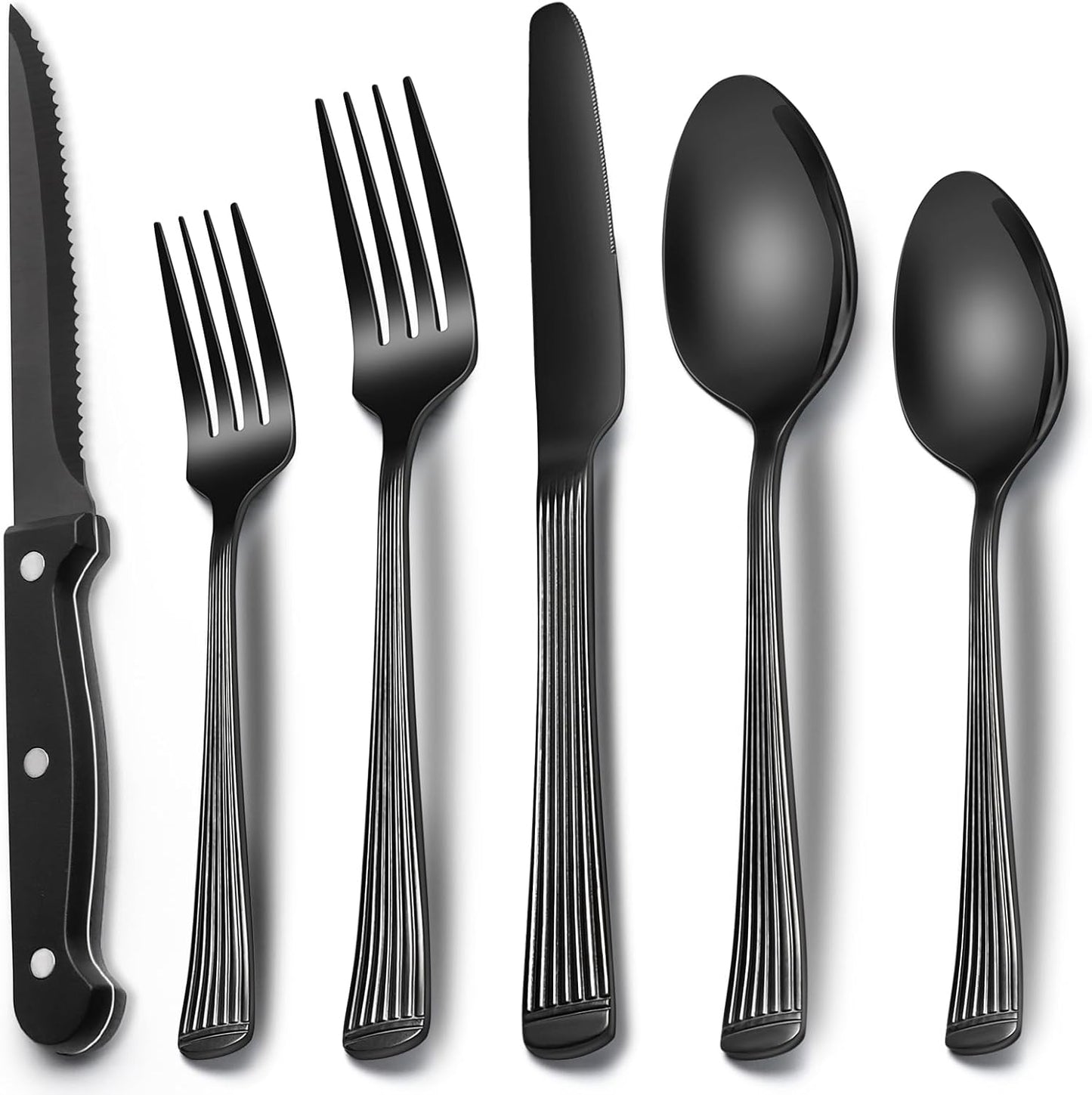 EWFEN 24-Piece Silverware Set with Steak Knives, Food-Grade Stainless Steel Tableware Cutlery Set for 4, Mirror Finished Flatware Utensil for Home Restaurant Black
